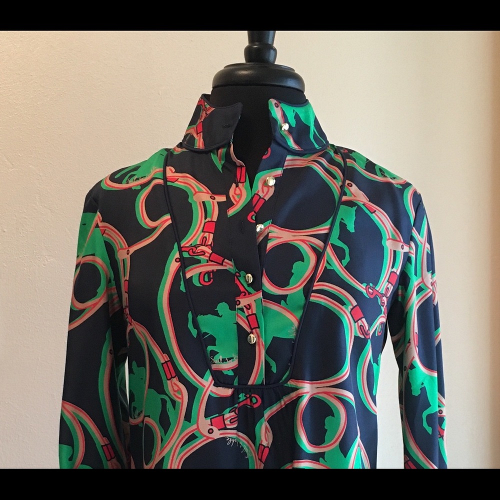 Printed Navy and Green Long-Sleeve Button-Front Blouse